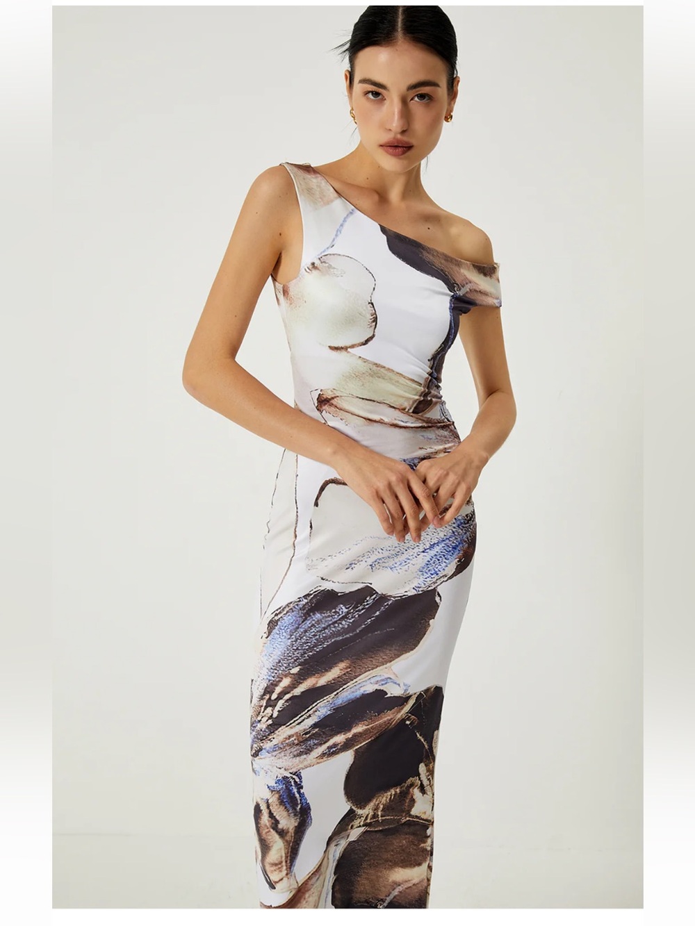 NWT Commense Asymmetrical Printed Off-Shoulder Slim Long Dress- size M - Picture 2 of 6